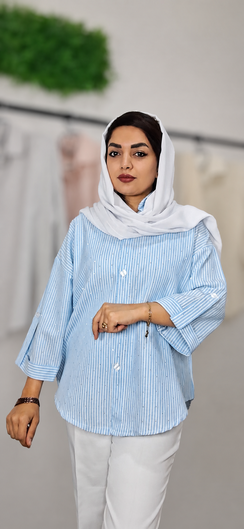 شومیز زنانه راه راه نگینی، جنس لینن ترکیبی،فری سایز